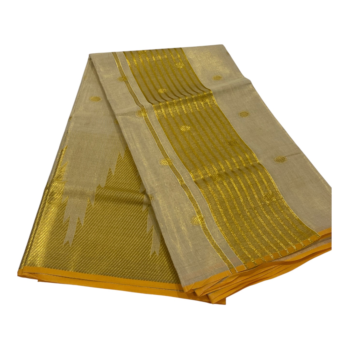 Premium Tissue Set Saree in Cream with Temple Border and Pastel Orange Accents