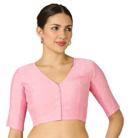Light Pink Cotton Silk Smocked Readymade Blouse - V Neck with Elbow Sleeves