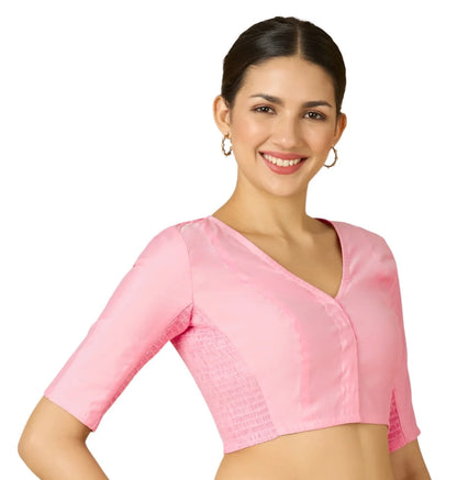 Light Pink Cotton Silk Smocked Readymade Blouse - V Neck with Elbow Sleeves