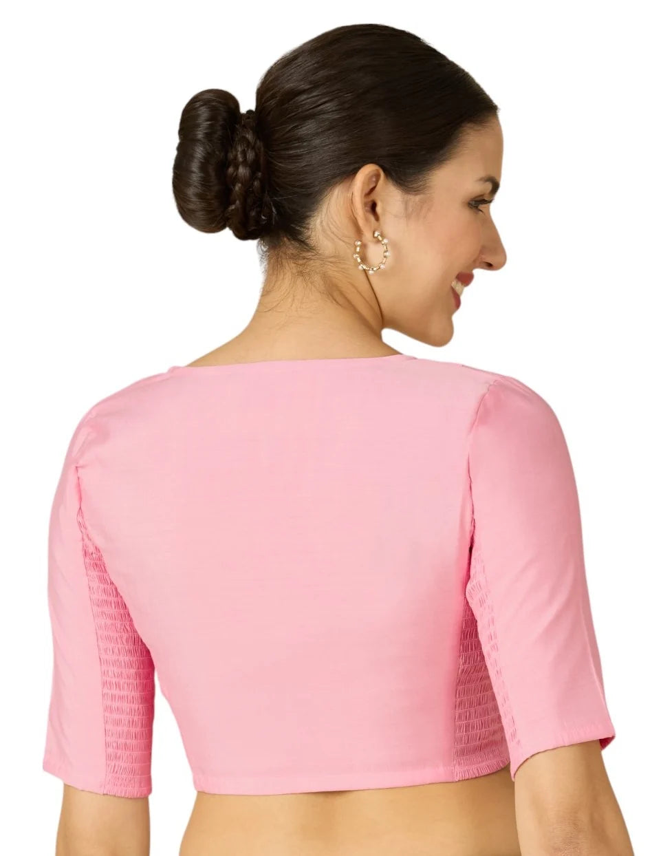 Light Pink Cotton Silk Smocked Readymade Blouse - V Neck with Elbow Sleeves