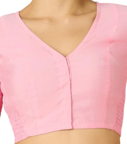 Light Pink Cotton Silk Smocked Readymade Blouse - V Neck with Elbow Sleeves