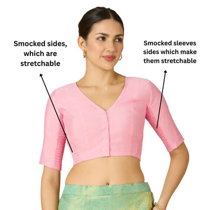Light Pink Cotton Silk Smocked Readymade Blouse - V Neck with Elbow Sleeves