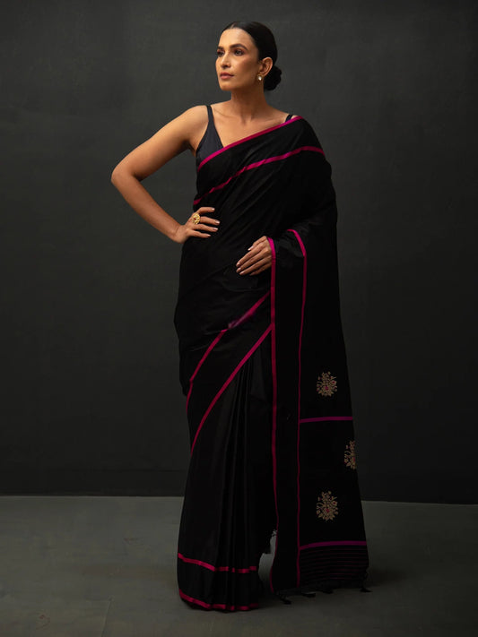 Black Meenakari Boota Satin Silk Handloom Banarasi Saree