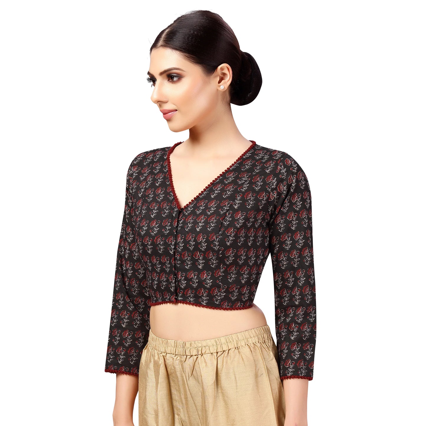 Block Print Cotton Blouse - Black and Maroon