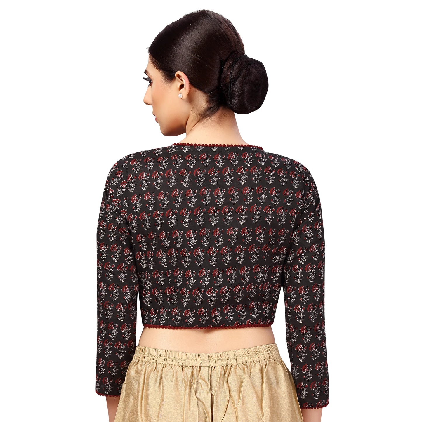 Block Print Cotton Blouse - Black and Maroon