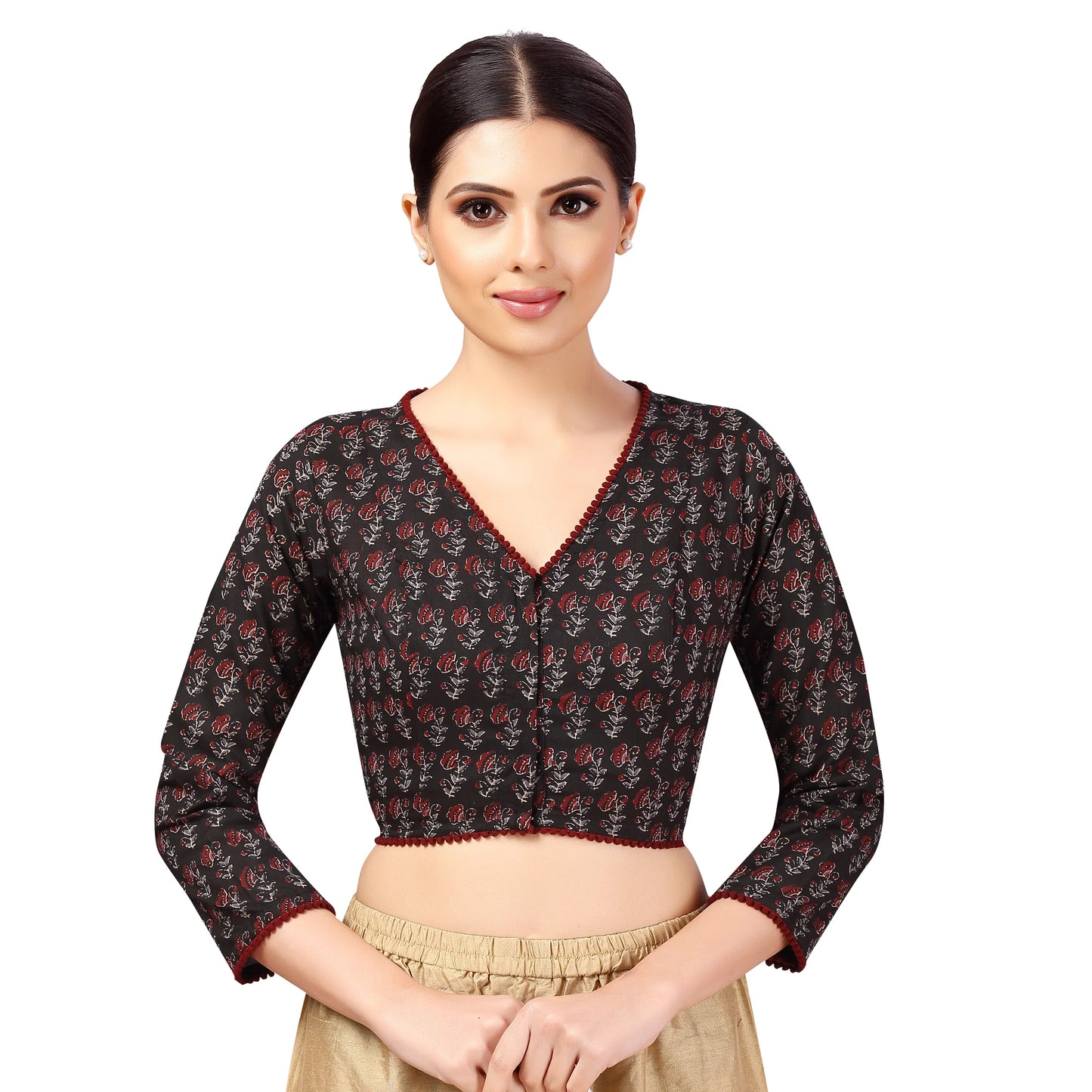 Block Print Cotton Blouse - Black and Maroon