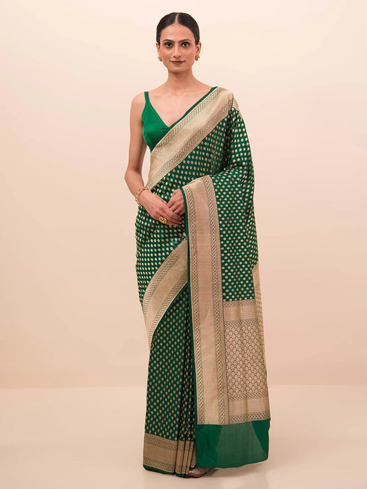 Bottle Green Booti Uppada Katan Silk Handloom Banarasi Saree