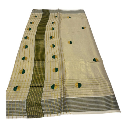 Tissue Saree in Cream with Bottle Green and Gold Buttas