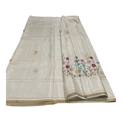 Fancy Tussar Saree in Off White with Kantha Work and Floral Border