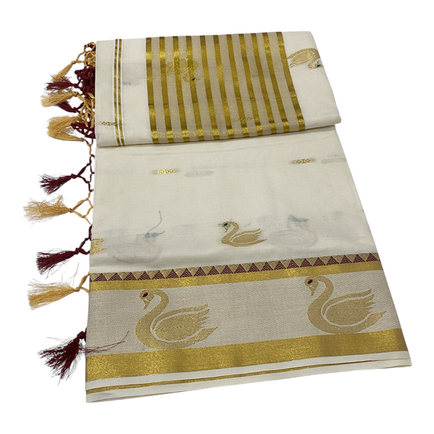 Premium Onam Cotton Saree in White with Golden Swan Buttas