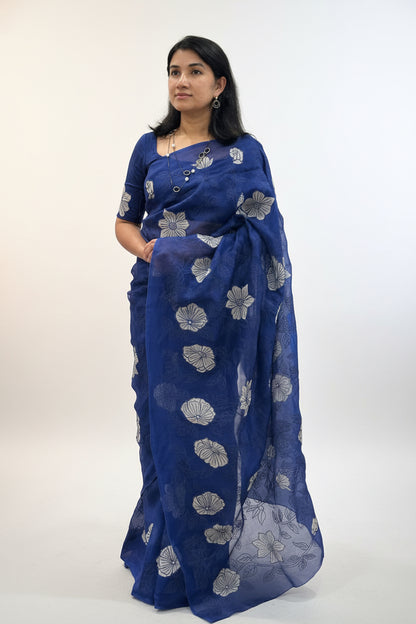 Royal Blue Pure Organza Silk Saree with Tissue Appliqué & Embroidery
