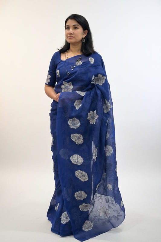 Royal Blue Pure Organza Silk Saree with Tissue Appliqué & Embroidery