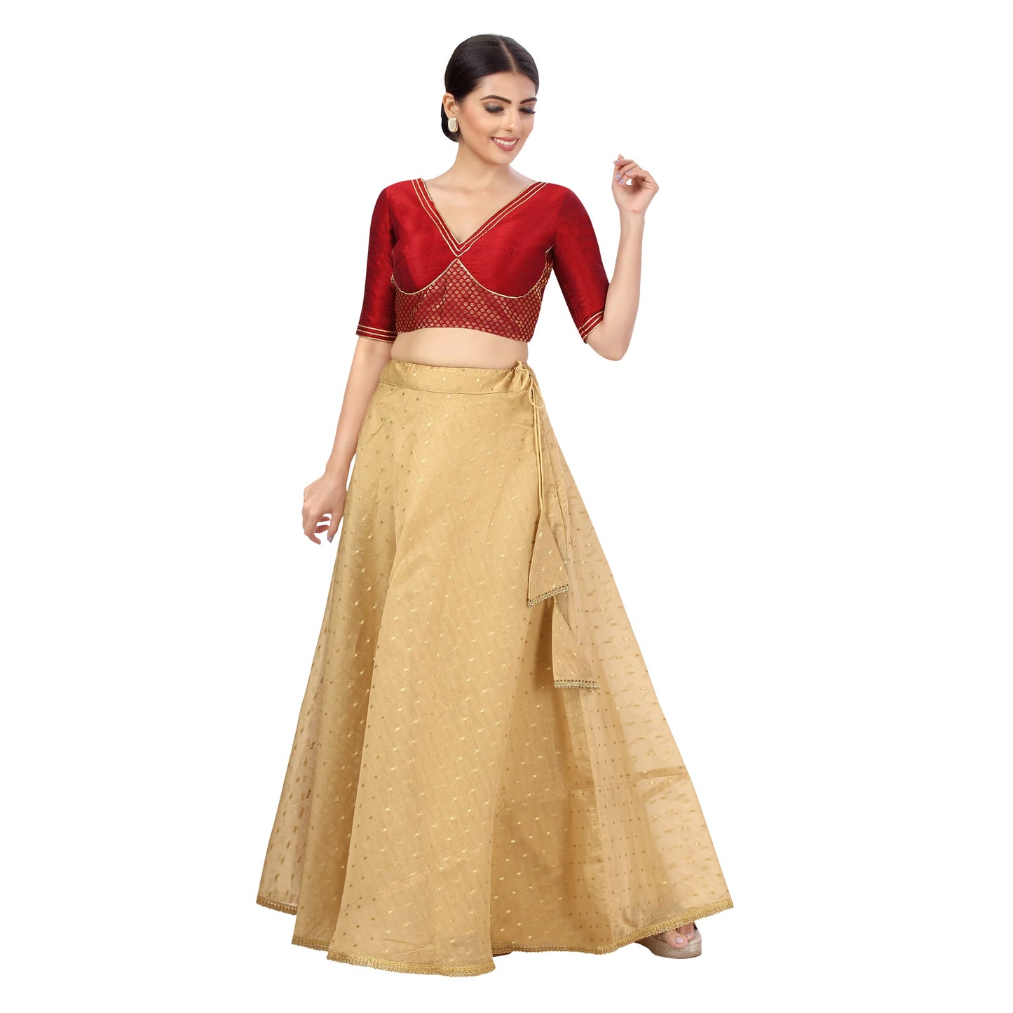 Chanderi Silk Skirt with Crepe Lining — Gold, 43" Length