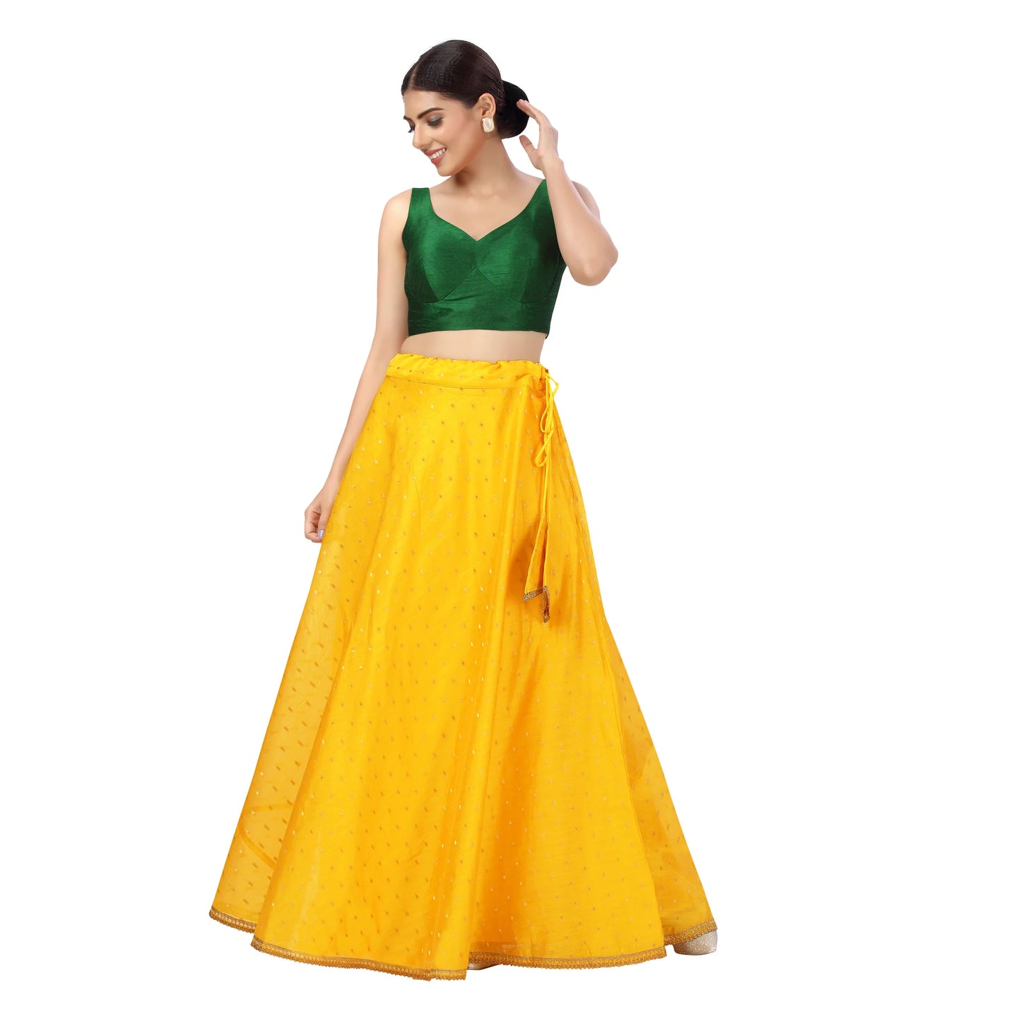 Polyester Chanderi Silk Long Skirt Lehenga - Yellow