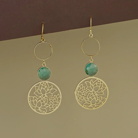 Coral Green Glossy Stone Lotus Disc Drop Earrings