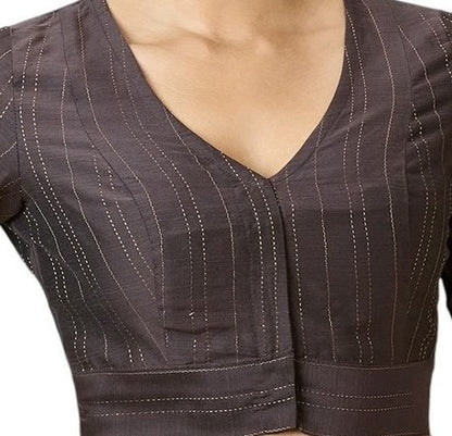 Grey Cotton Silk Blend Ready-to-Wear Saree Blouse with Zari Stripes – V Neck, Elbow Sleeves