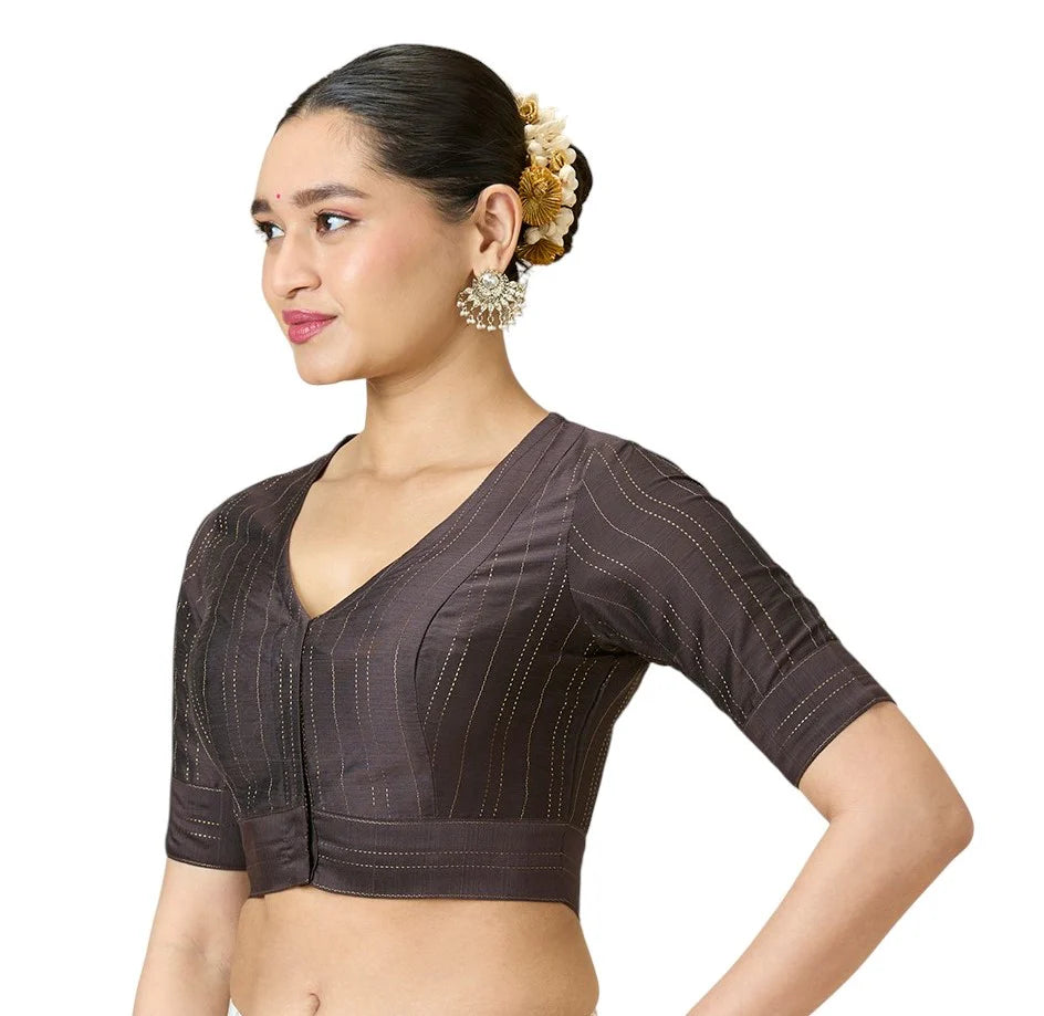 Grey Cotton Silk Blend Ready-to-Wear Saree Blouse with Zari Stripes – V Neck, Elbow Sleeves