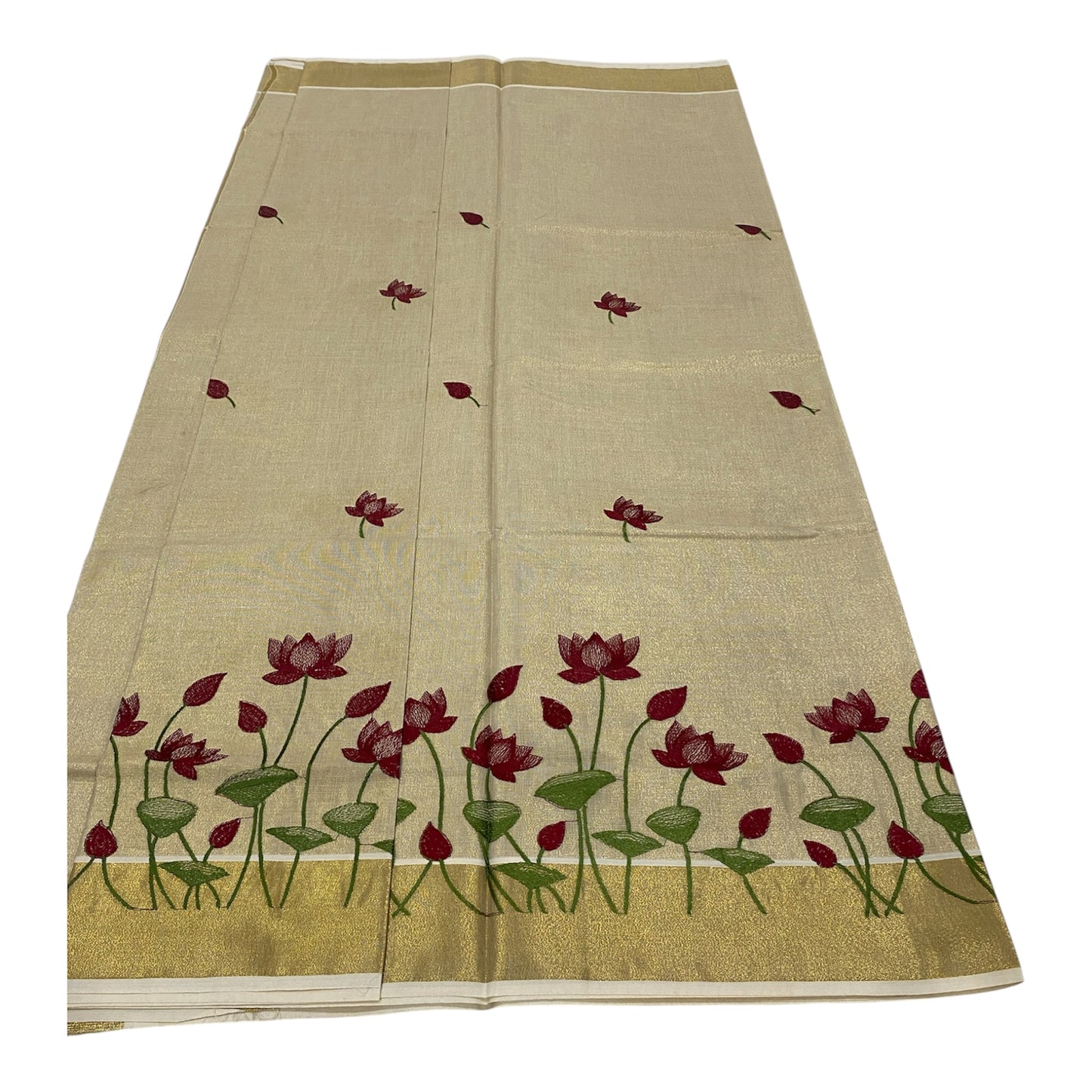 Premium Tissue Saree in Gold with Maroon Floral Motifs