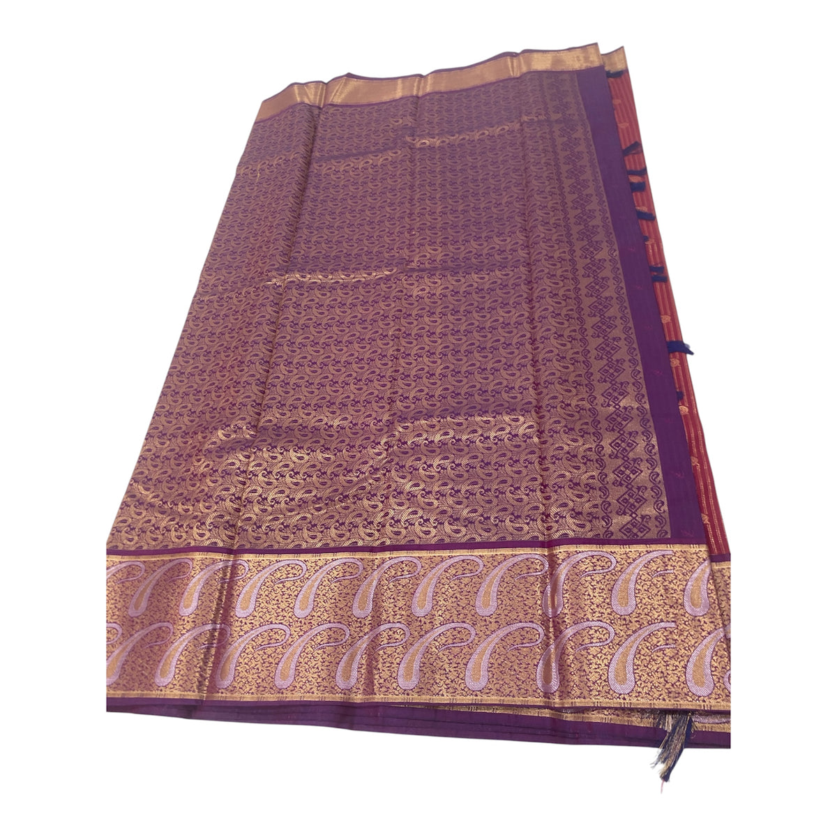 Magenta Semi Silk Saree with Purple Contrast Pallu and Broad Paisley Zari Border