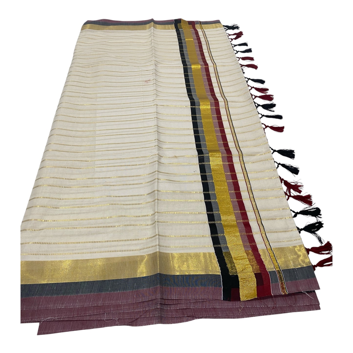 Kerala Cotton Onam Saree with Dual-Tone Kasavu Border & Tassels
