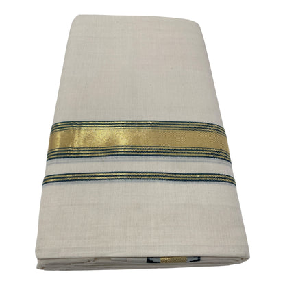 Premium Kerala Handloom Green and Gold Border Mundu