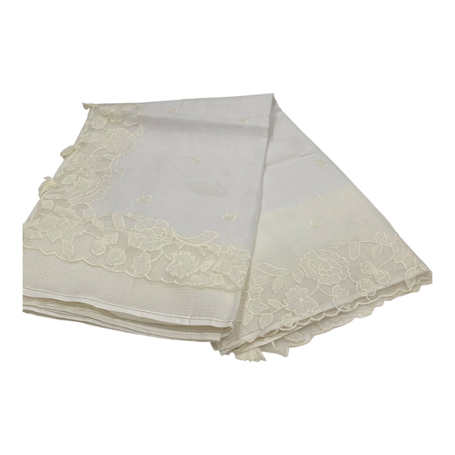 Fancy Kota Saree in White with Scallop Borders and Thread Work