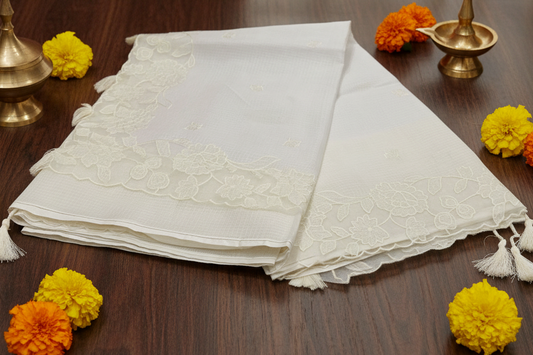 Fancy Kota Saree in White with Scallop Borders and Thread Work