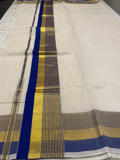 Handloom Kerala Set Saree for Onam with Gold and Blue Zari