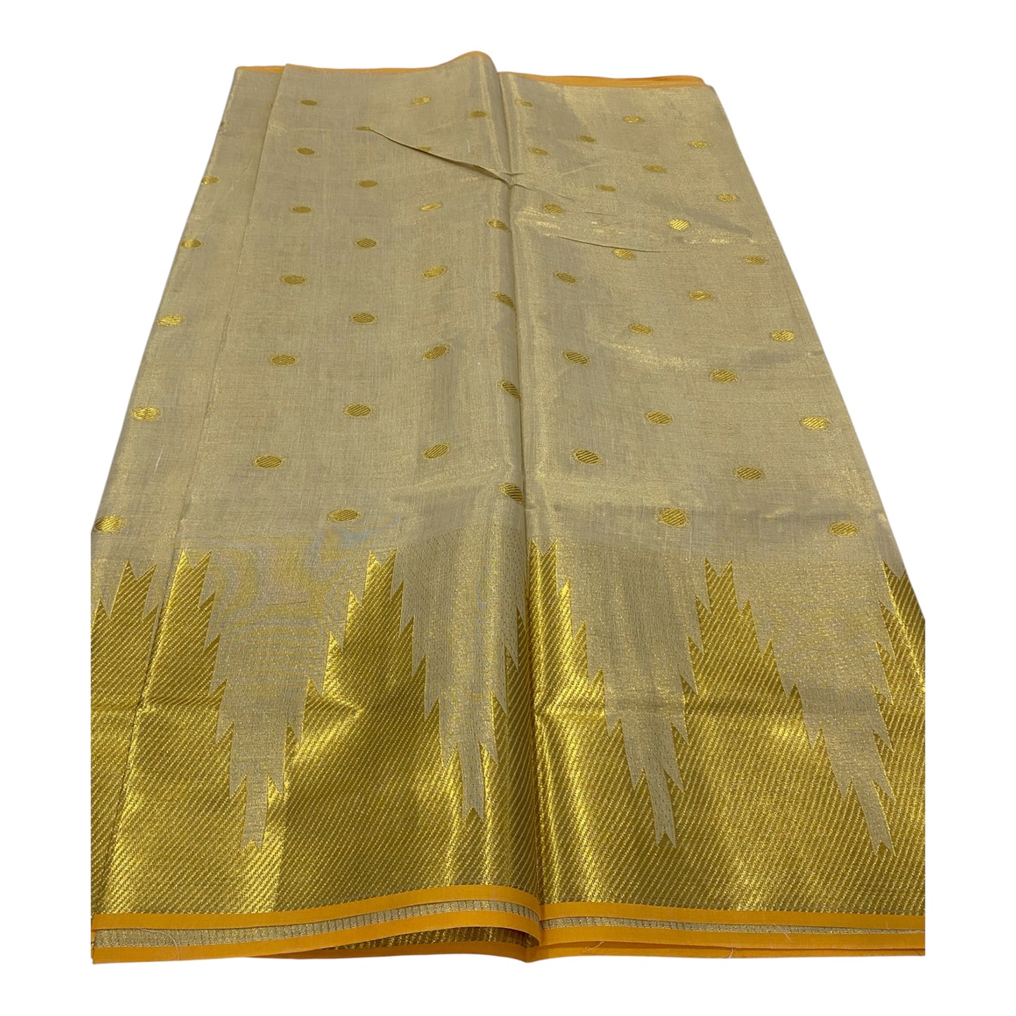 Premium Tissue Set Saree in Cream with Temple Border and Pastel Orange Accents