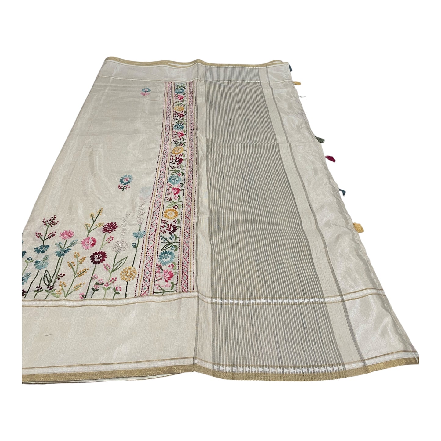 Fancy Tussar Saree in Off White with Kantha Work and Floral Border