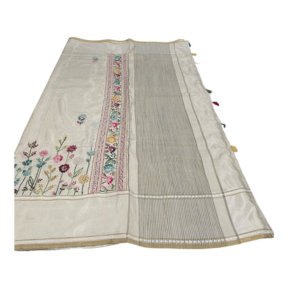 Fancy Tussar Saree in Off White with Kantha Work and Floral Border