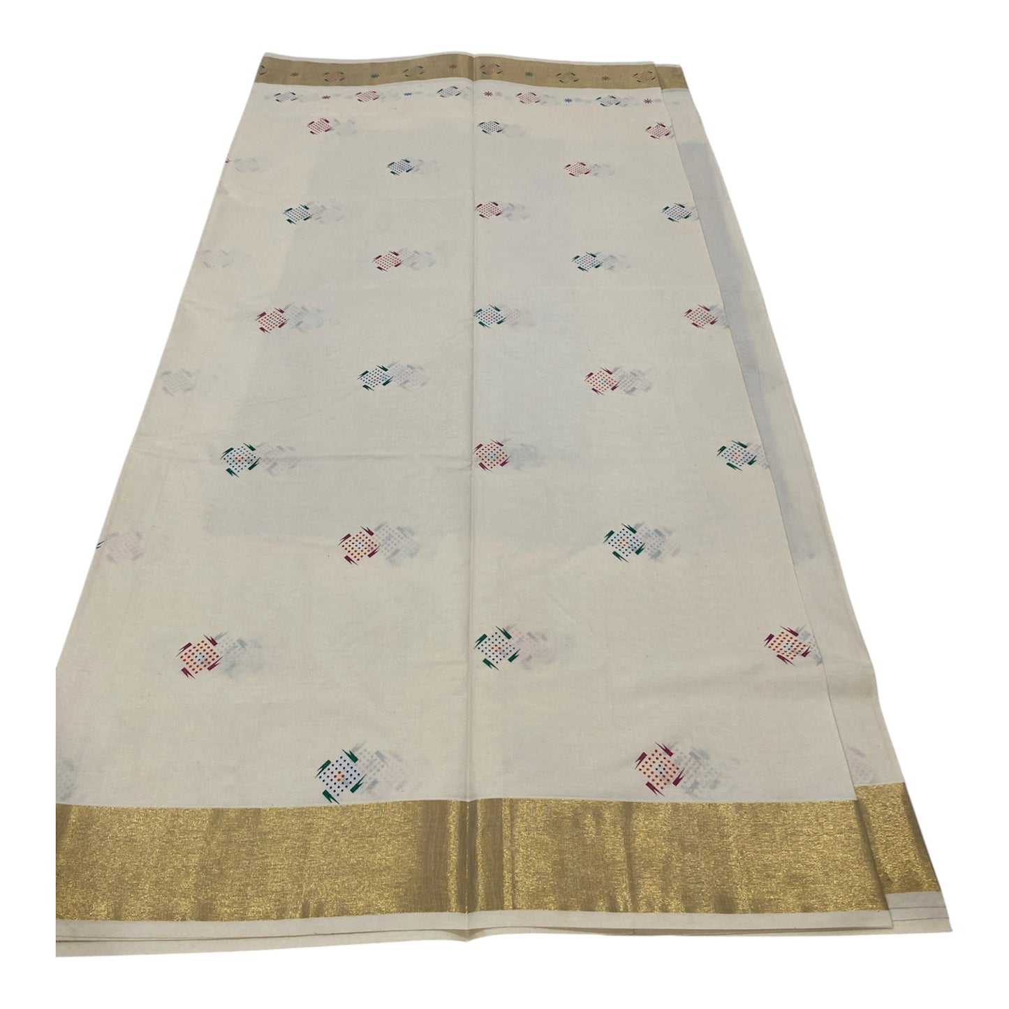 Kerala Cotton Onam Saree with Golden Kasavu Border & Fancy Motifs