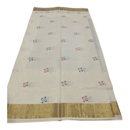 Kerala Cotton Onam Saree with Golden Kasavu Border & Fancy Motifs