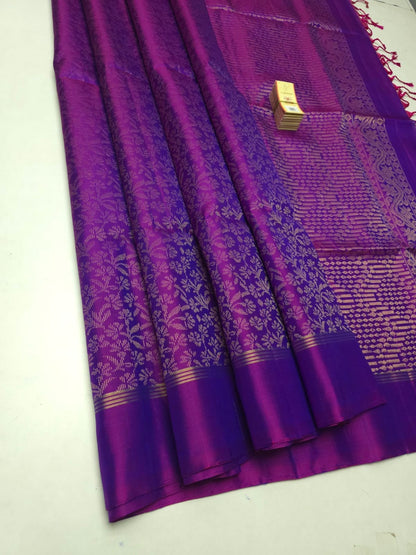 Pure Soft Silk Saree in Royal Purple & Magenta with Floral Woven Design - Silk Mark Certificate