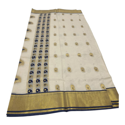 Premium Cotton Saree in Cream with Gold and Navy Blue Buttas