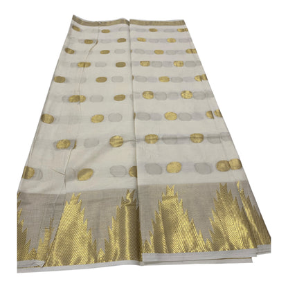 Premium Cotton Handloom Replica Saree in Off-White with Polka Dots and Temple Border