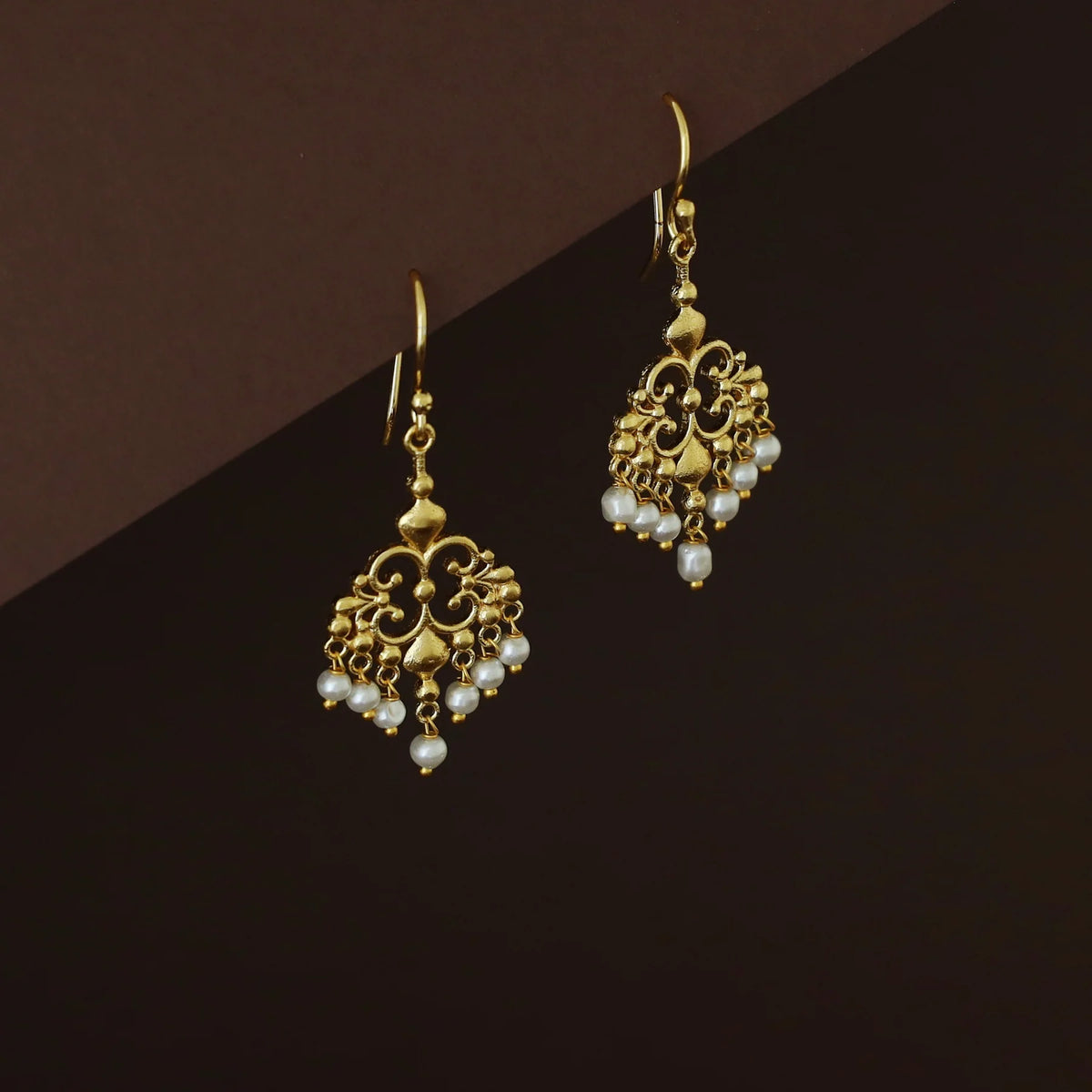 Gold-Toned Filigree Pearl Drop Hook Earrings