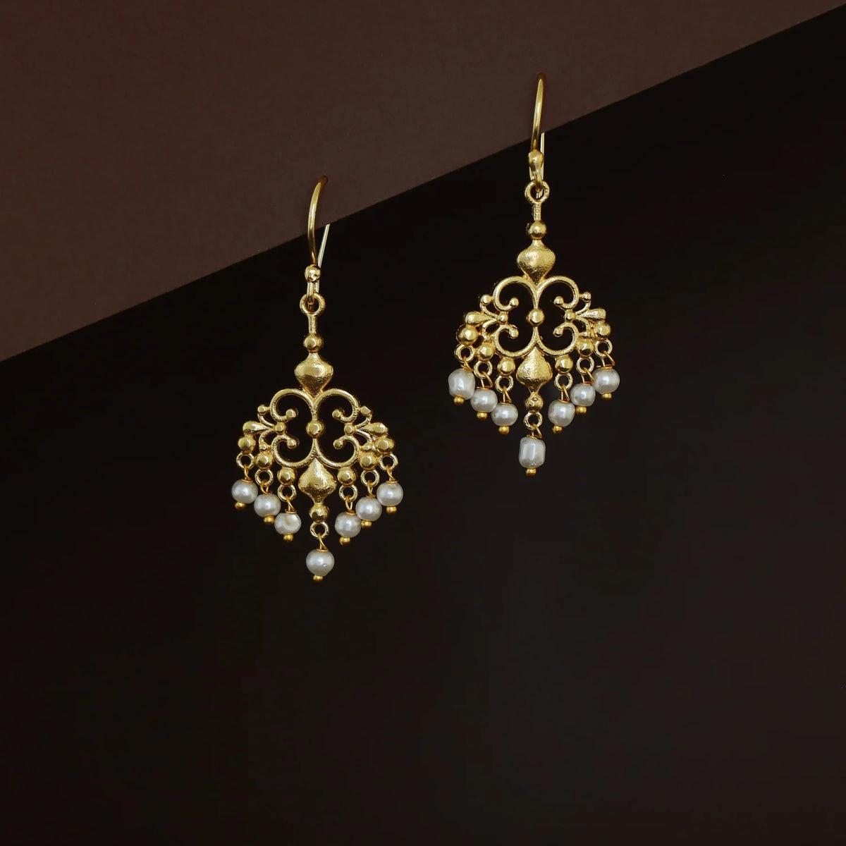 Gold-Toned Filigree Pearl Drop Hook Earrings
