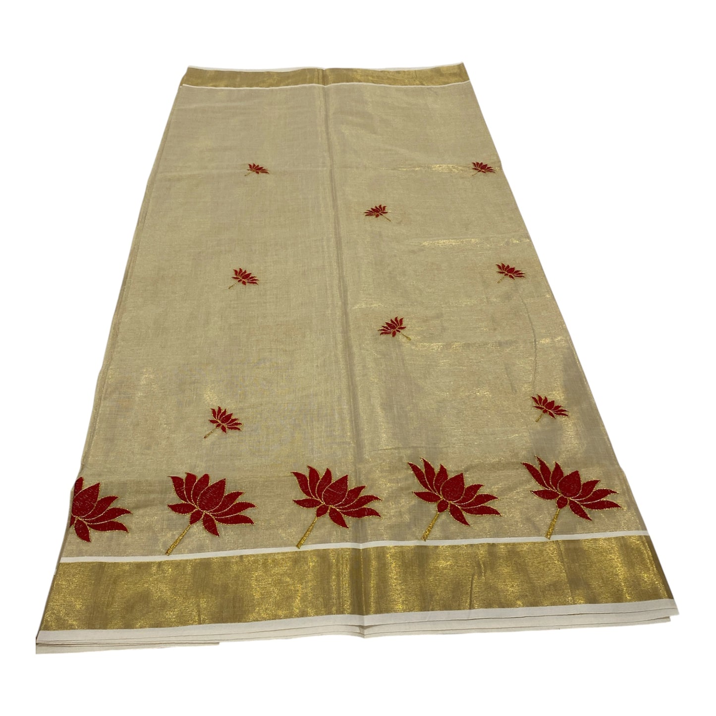 Tissue Saree in Gold with Red Lotus Motifs