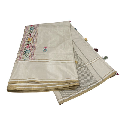 Fancy Tussar Saree in Off White with Kantha Work and Floral Border