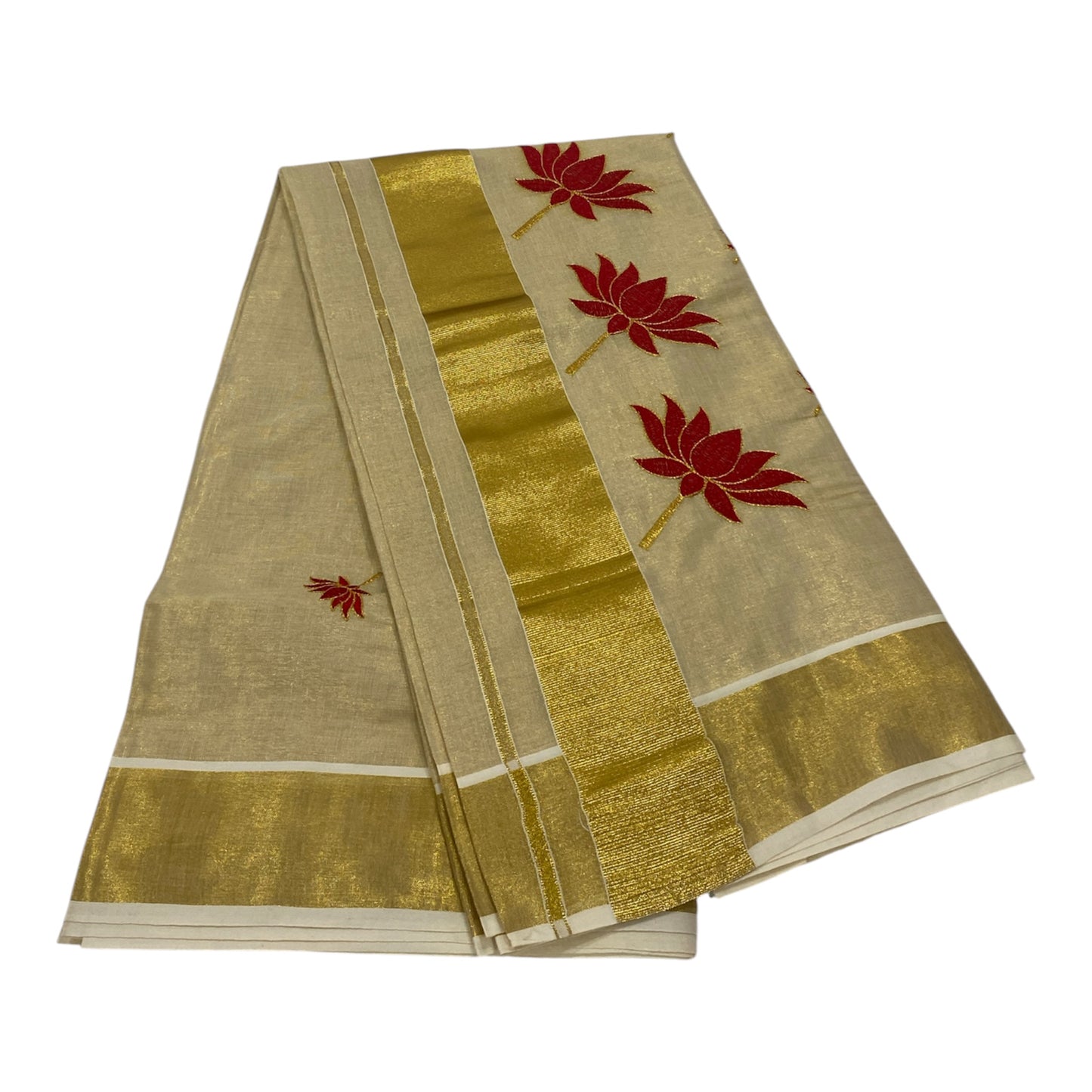 Tissue Saree in Gold with Red Lotus Motifs