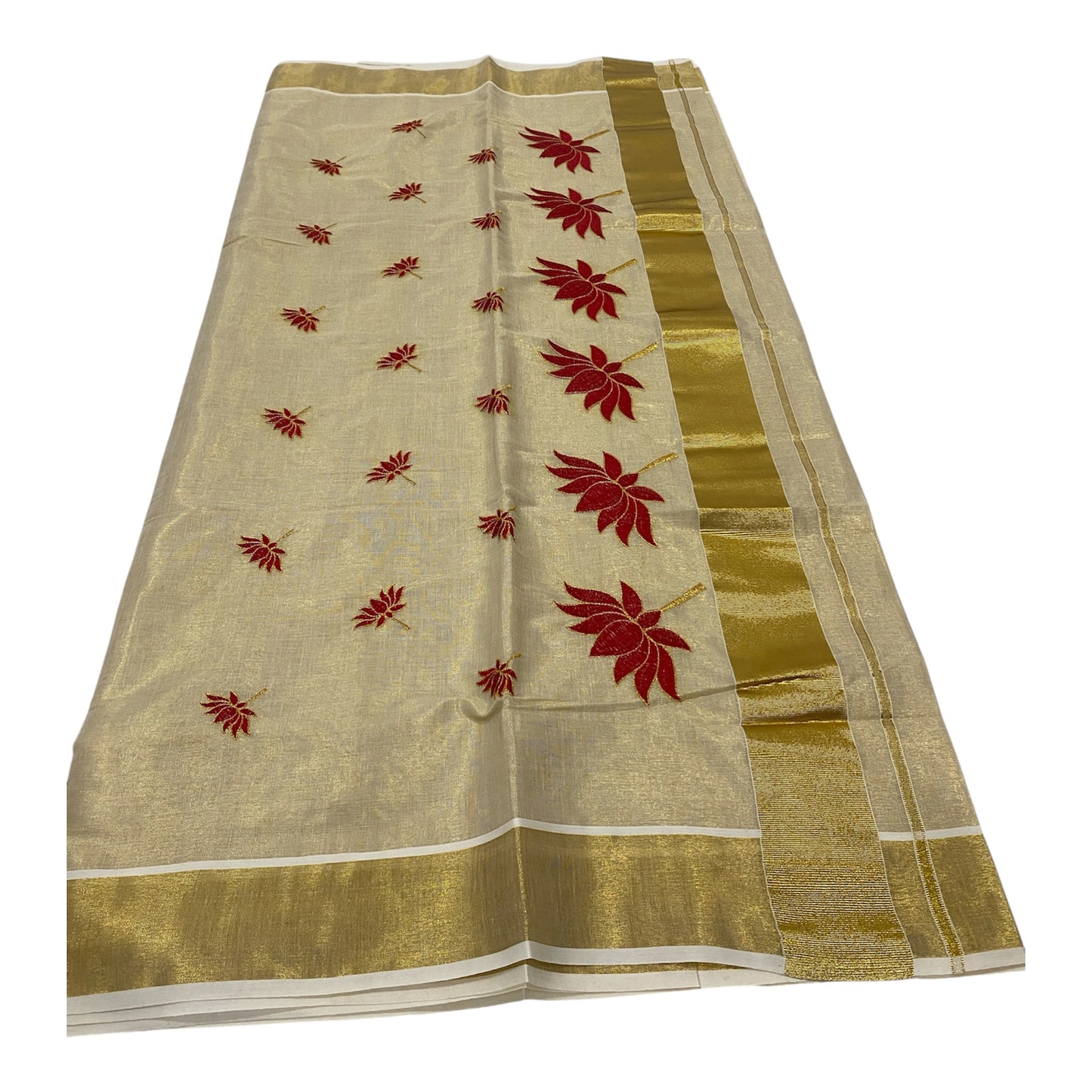 Tissue Saree in Gold with Red Lotus Motifs