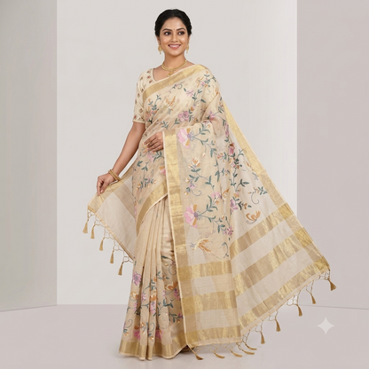Fancy Chanderi Saree in Off White with All-Over Thread Work