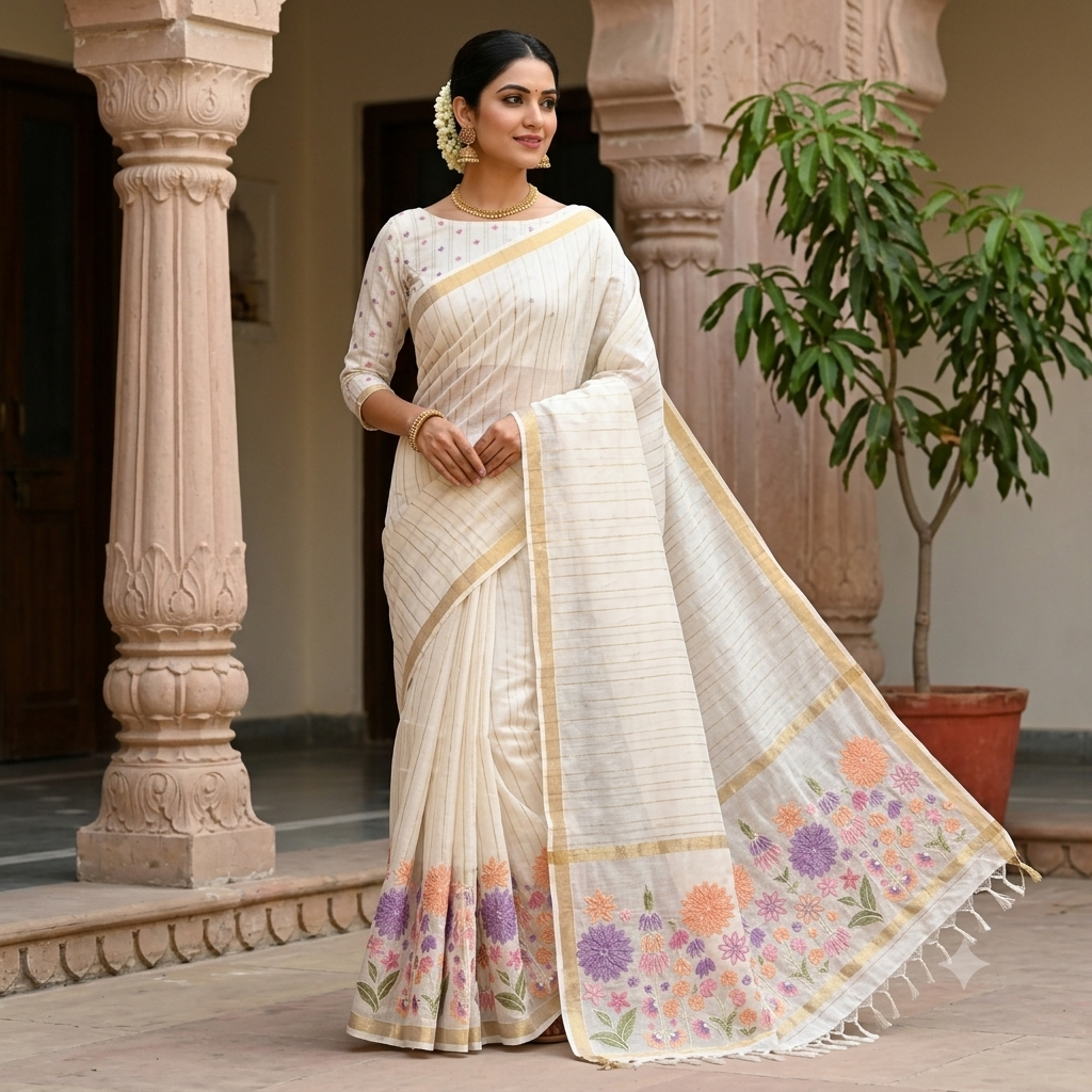 Fancy Chanderi Saree in Off White with All-Over Thread Work