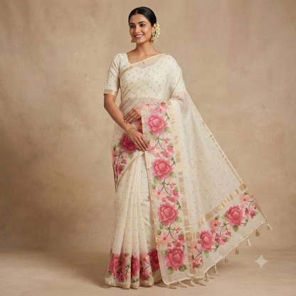 Fancy Kota Saree in Off White with Rich Embroidery Work