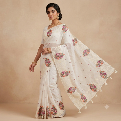 Fancy Kota Saree in Off White with Rich Embroidery and Cut Work