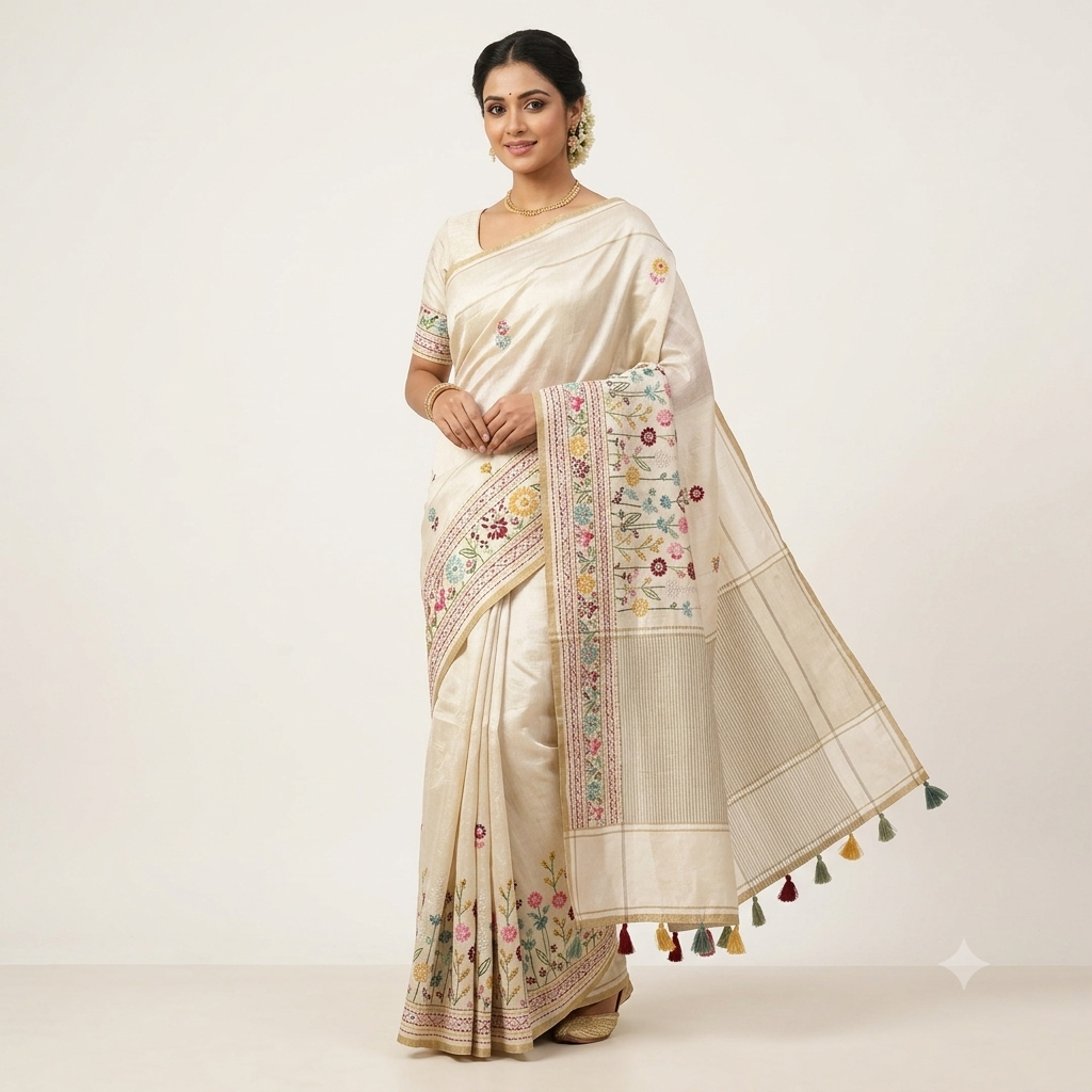 Fancy Tussar Saree in Off White with Kantha Work and Floral Border