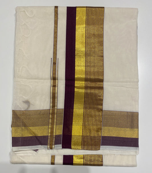 Handloom Kerala Set Saree for Onam with Gold and Purple Zari