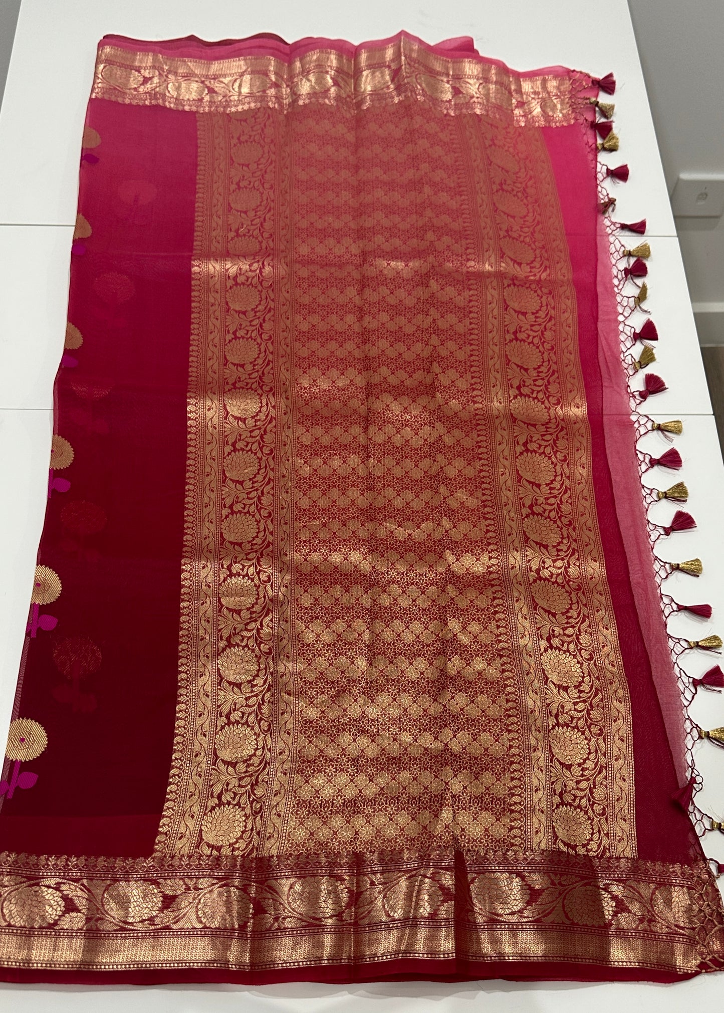 Pink to Maroon Ombré Pure Kora Silk Saree with Floral Buttas