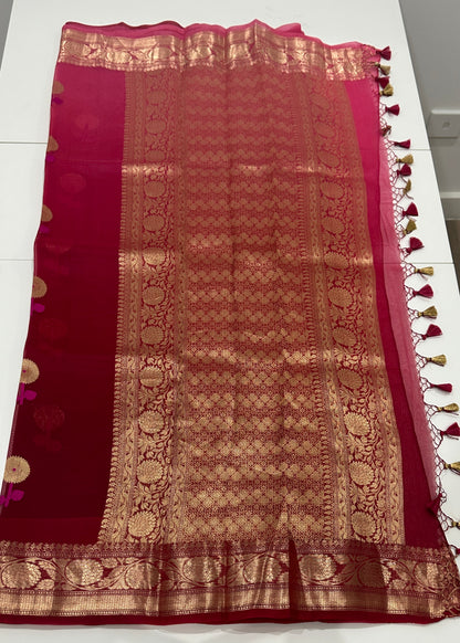 Pink to Maroon Ombré Pure Kora Silk Saree with Floral Buttas